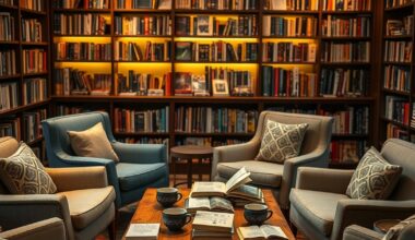Circle of empty armchairs in a bookshop nook representing the best online community platform for self improvement creators