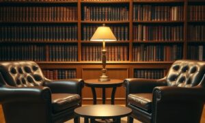 Two facing armchairs in a library illustrating customer retention coach vs business coach choice
