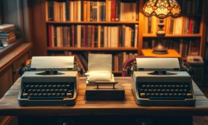 Two vintage typewriters compared side by side illustrating monetizing inspirational writing on Medium or Substack