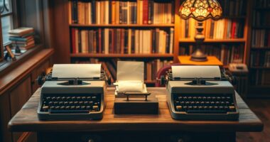 Two vintage typewriters compared side by side illustrating monetizing inspirational writing on Medium or Substack