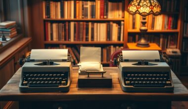 Two vintage typewriters compared side by side illustrating monetizing inspirational writing on Medium or Substack