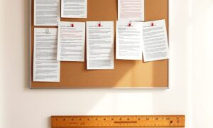 Editor's pinboard with marked-up drafts illustrating how to outsource blog writing for a personal development site