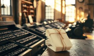 Letterpress shop with folded bulletins illustrating paid newsletter versus blog for personal growth writers
