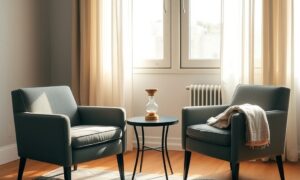 Empty facing armchairs in a sunlit room representing pricing a 1 on 1 self discipline coaching session